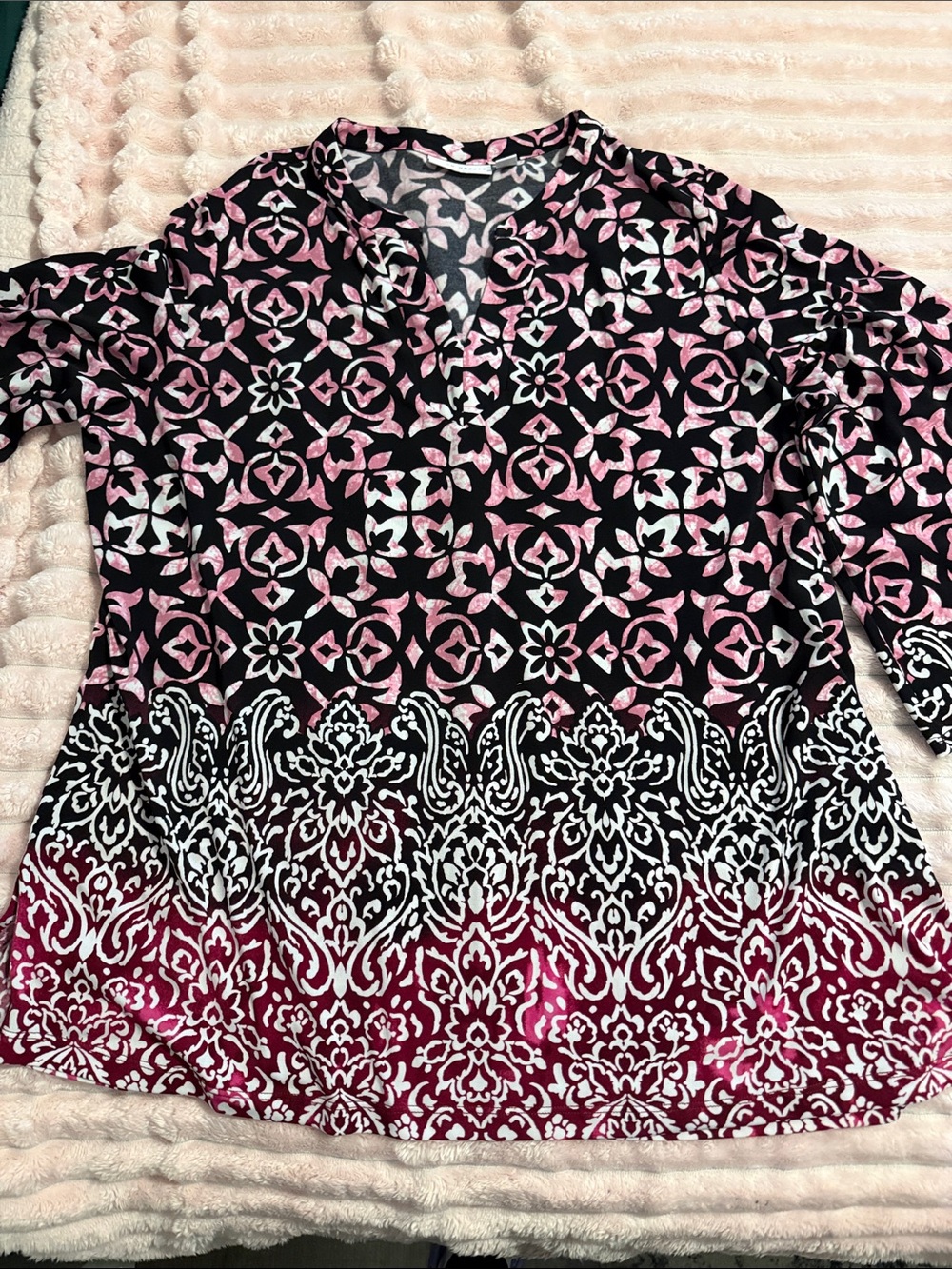 Susan Graver Pink and Black Patterned V-Neck Tunic